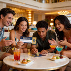 Four friends at a table with drinks and a Monorail Crawl Adventure Card in a luxurious setting.