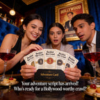 Three people holding 'Backlot Bar Crawl' adventure cards in a bar setting with a Hollywood-themed poster in the background.