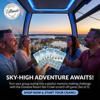 People inside a gondola with a scenic view, holding scratch-off games, and promotional text for a gondola resort bar crawl game.