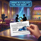 Illustration of a hand holding a card with a Backlot Bar Crawl challenge in a bar setting.