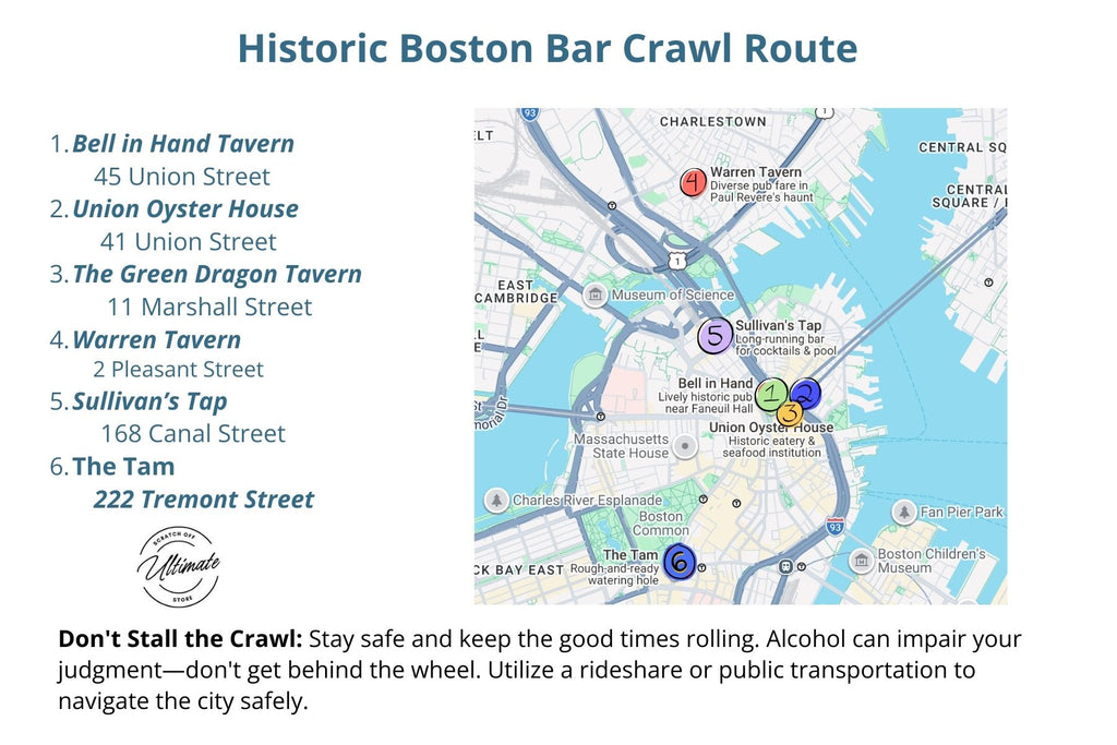 Map of Boston with locations for a historic bar crawl route listed.