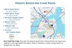 Map of Boston with locations for a historic bar crawl route listed.