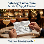 Two cocktails on a bar with a card held by a hand, set against a blurred bar background.