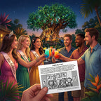 Group of people at a bachelorette party with a tropical setting and a card with numbers and images.