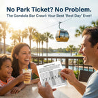 Family at a table with a gondola in the background, promoting the Gondola Bar Crawl.