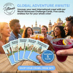 Promotional image of World Showcase Challenge Cards with people enjoying drinks outdoors.