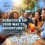 People enjoying drinks and cards at a table with promotional text for a park crawl game.