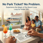 Family sitting by a window with a train outside, promotional text about the Resort Loop, and drinks on a table.