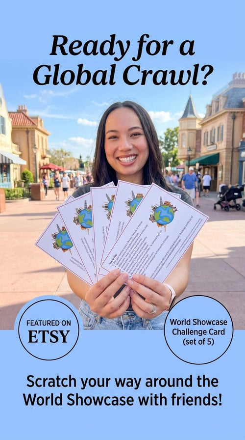 Woman holding World Showcase Challenge Cards with text about a global crawl and Etsy feature.