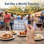 Hand holding a 'World Showcase Challenge' card with food and wine in the background