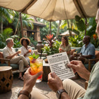 People enjoying cocktails and a scenic outdoor setting with tropical plants.
