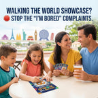 Family playing a card game with a world landmark background