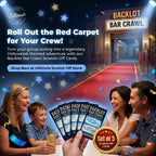 Promotional image for Backlot Bar Crawl scratch-off cards with a family at a movie theater.