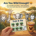 Promotional graphic for a safari-themed product with animals and a 'Trek & Sip' card.