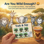 Promotional graphic for a safari-themed product with animals and a 'Trek & Sip' card.