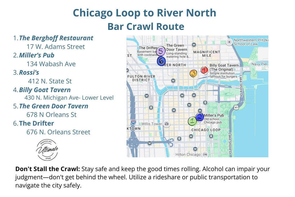 Map of Chicago Loop to River North bar crawl route with listed bars and directions.