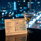 Martini glass with a map of a bar crawl route against a cityscape background