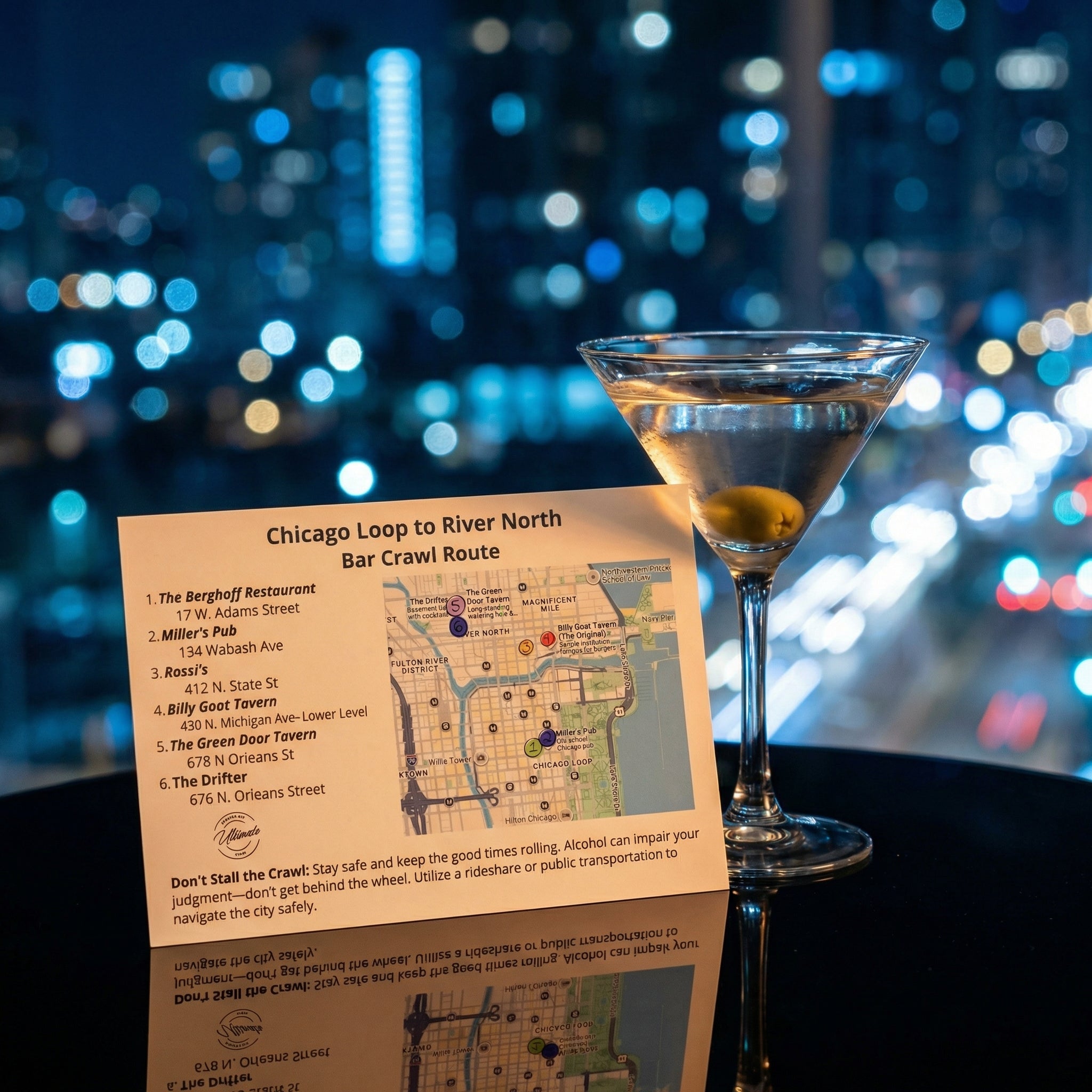 Martini glass with a map of a bar crawl route against a cityscape background
