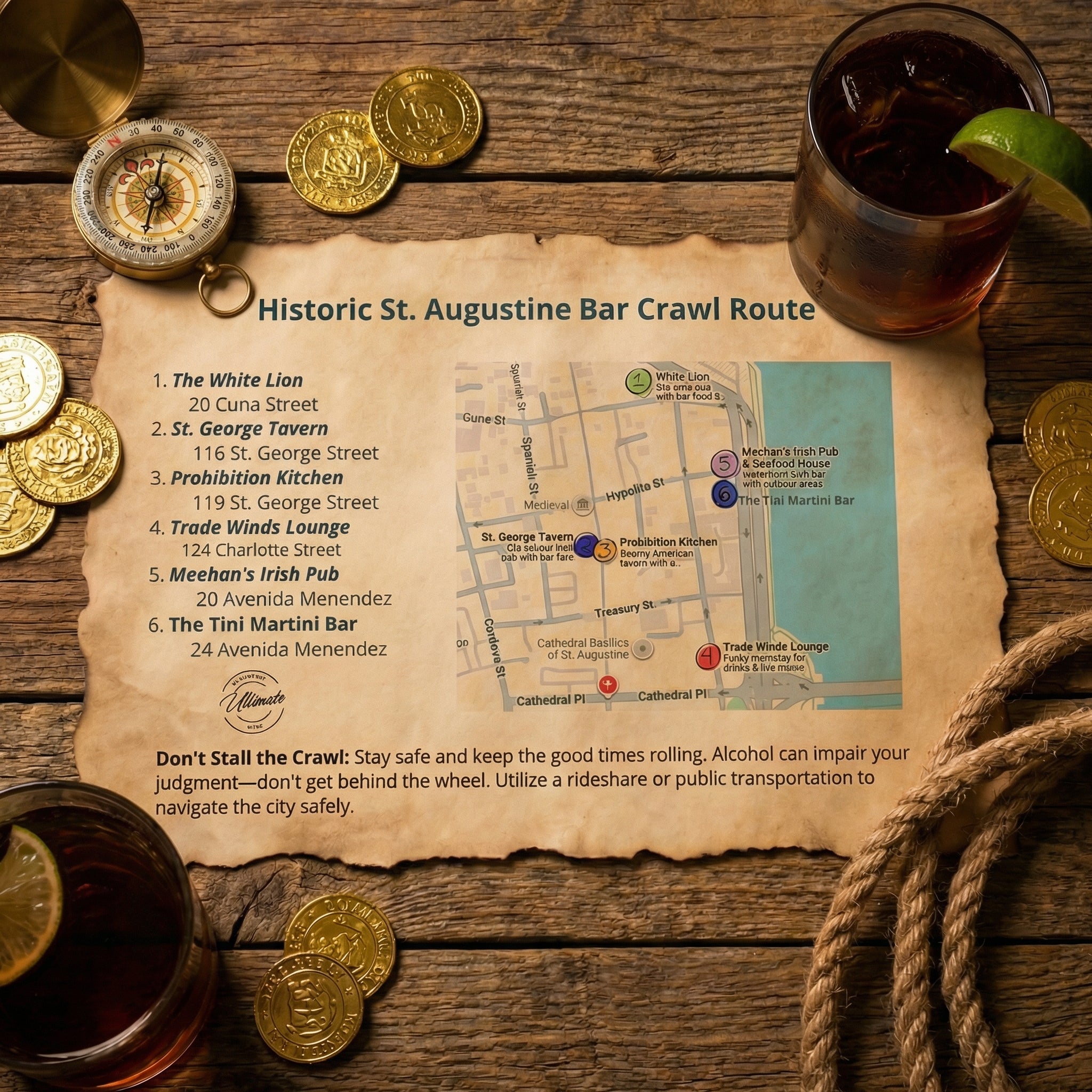 Map of Historic St. Augustine Bar Crawl Route with drinks and coins on a wooden surface