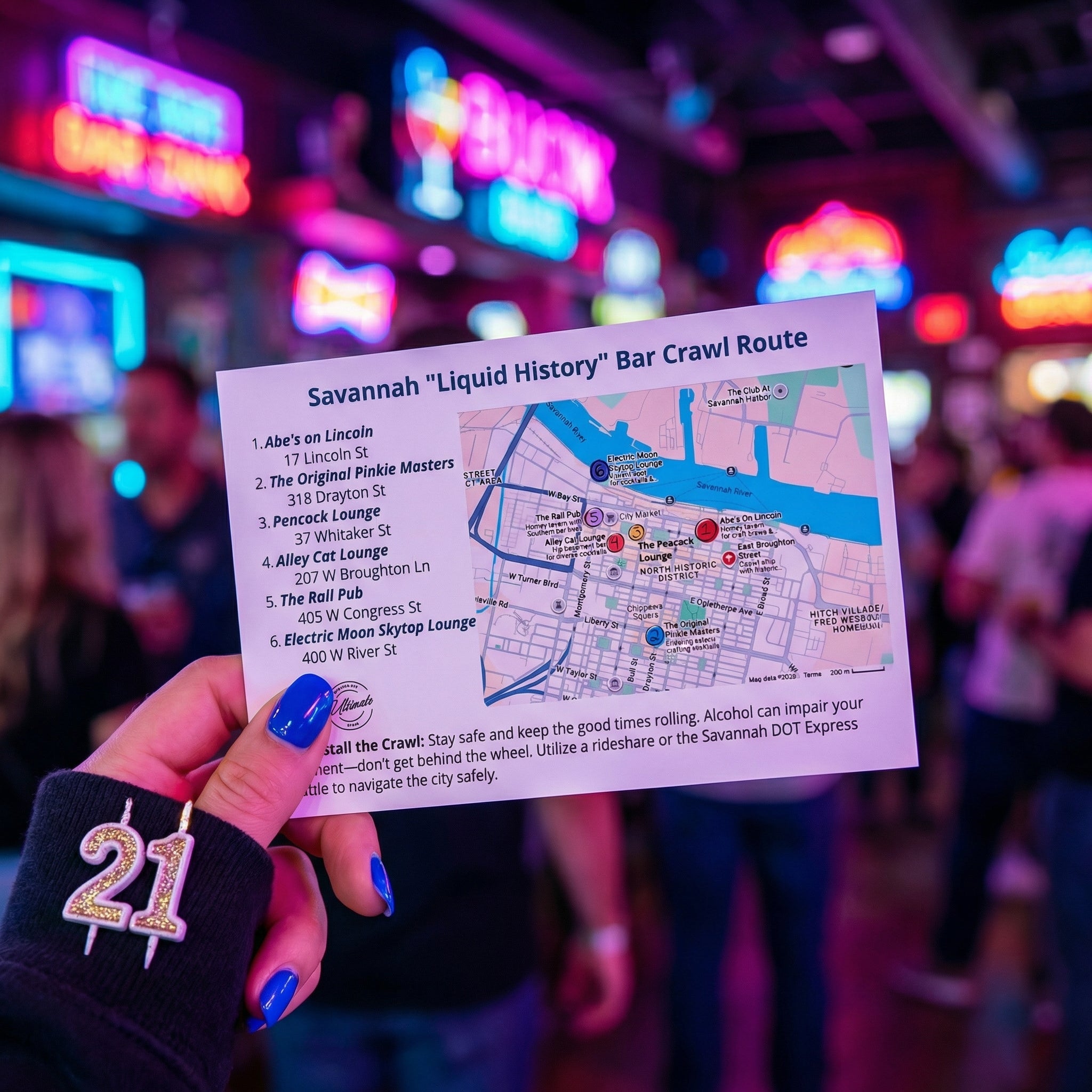 Map of Savannah's 'Liquid History' Bar Crawl Route held in front of a neon-lit bar scene.