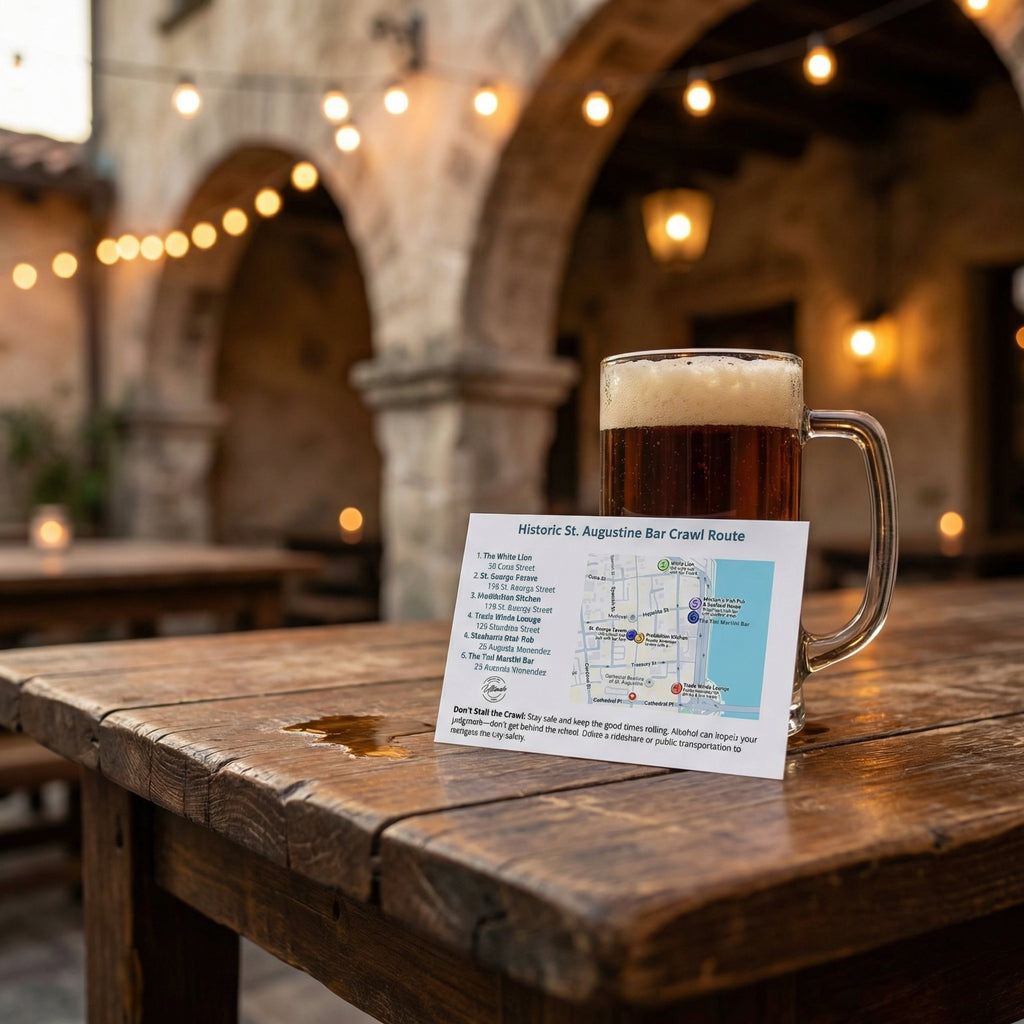 Beer mug with foam on a wooden table in an outdoor setting with string lights.