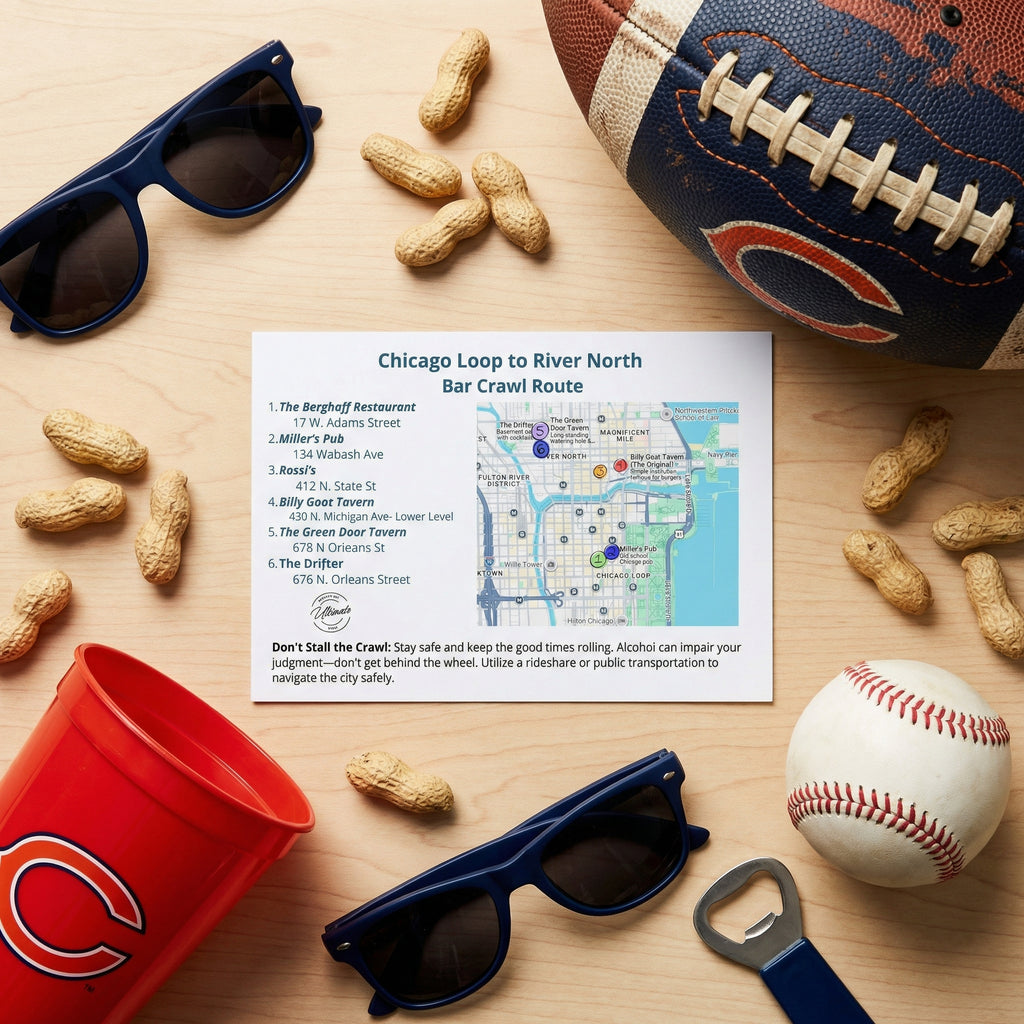 Chicago-themed bar crawl route map with sports equipment and snacks on a wooden surface