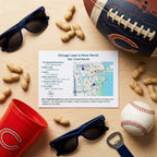 Chicago-themed bar crawl route map with sports equipment and snacks on a wooden surface