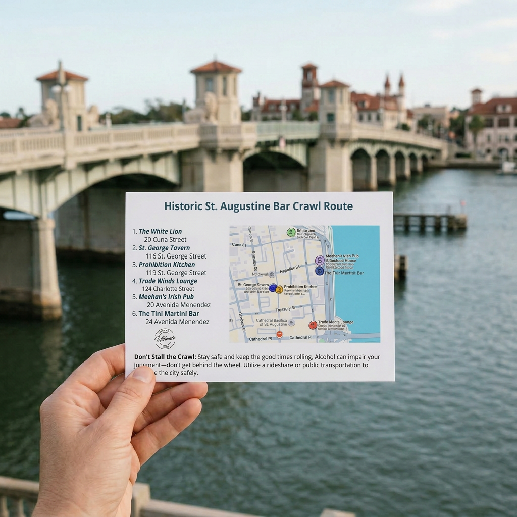 Hand holding a map of Historic St. Augustine Bar Crawl Route with a scenic background.