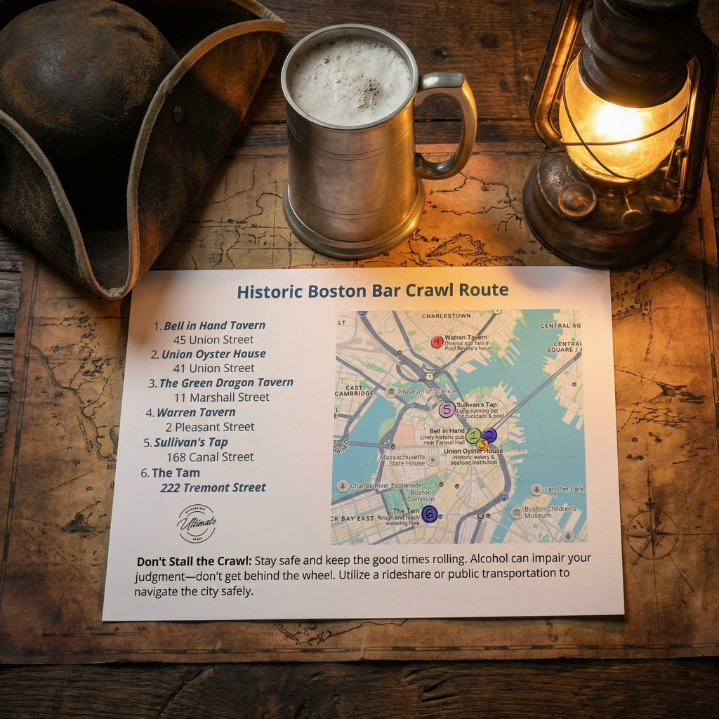 Map of Historic Boston Bar Crawl Route with a mug of beer on a wooden surface.