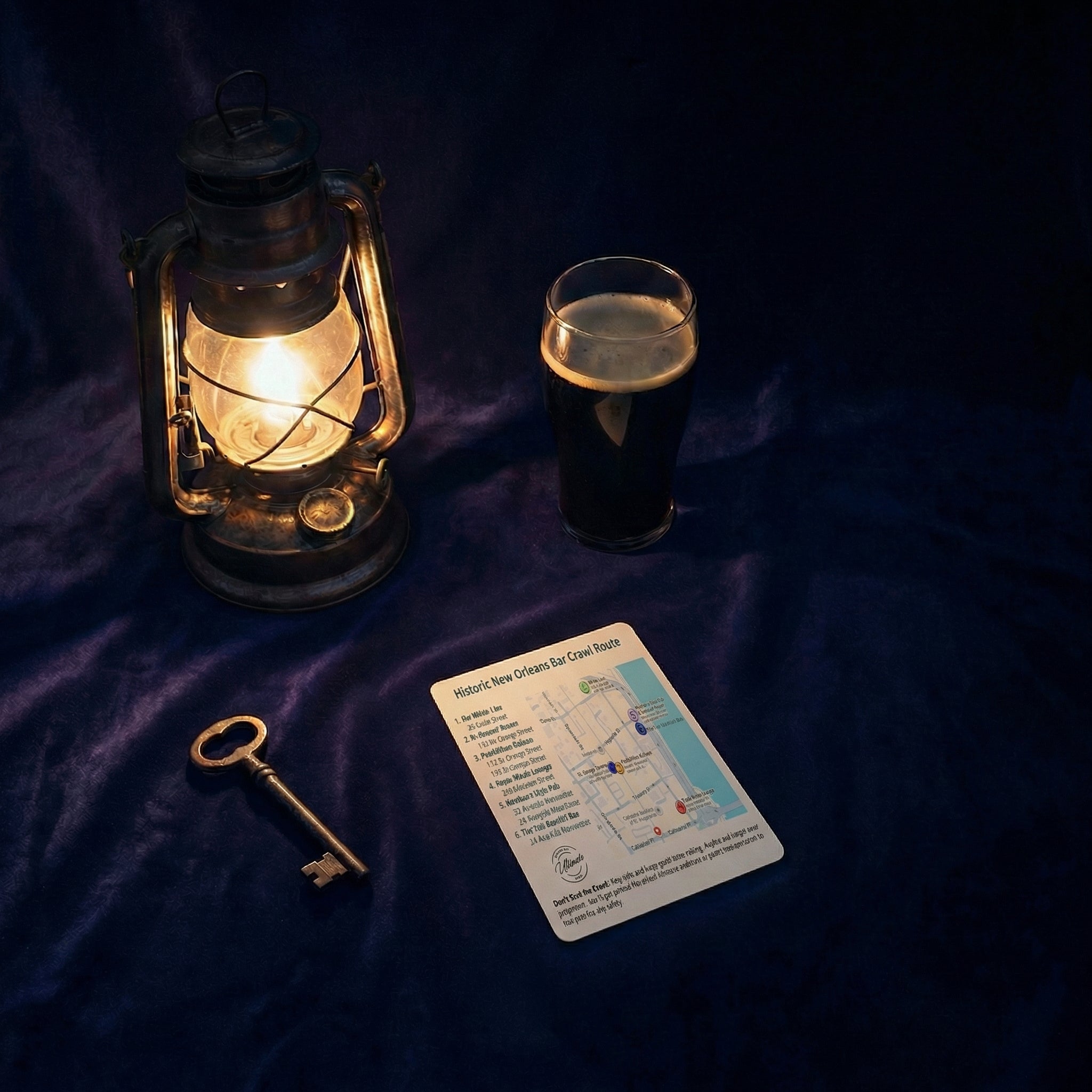 Vintage lantern, glass of dark liquid, key, and map on a dark fabric background