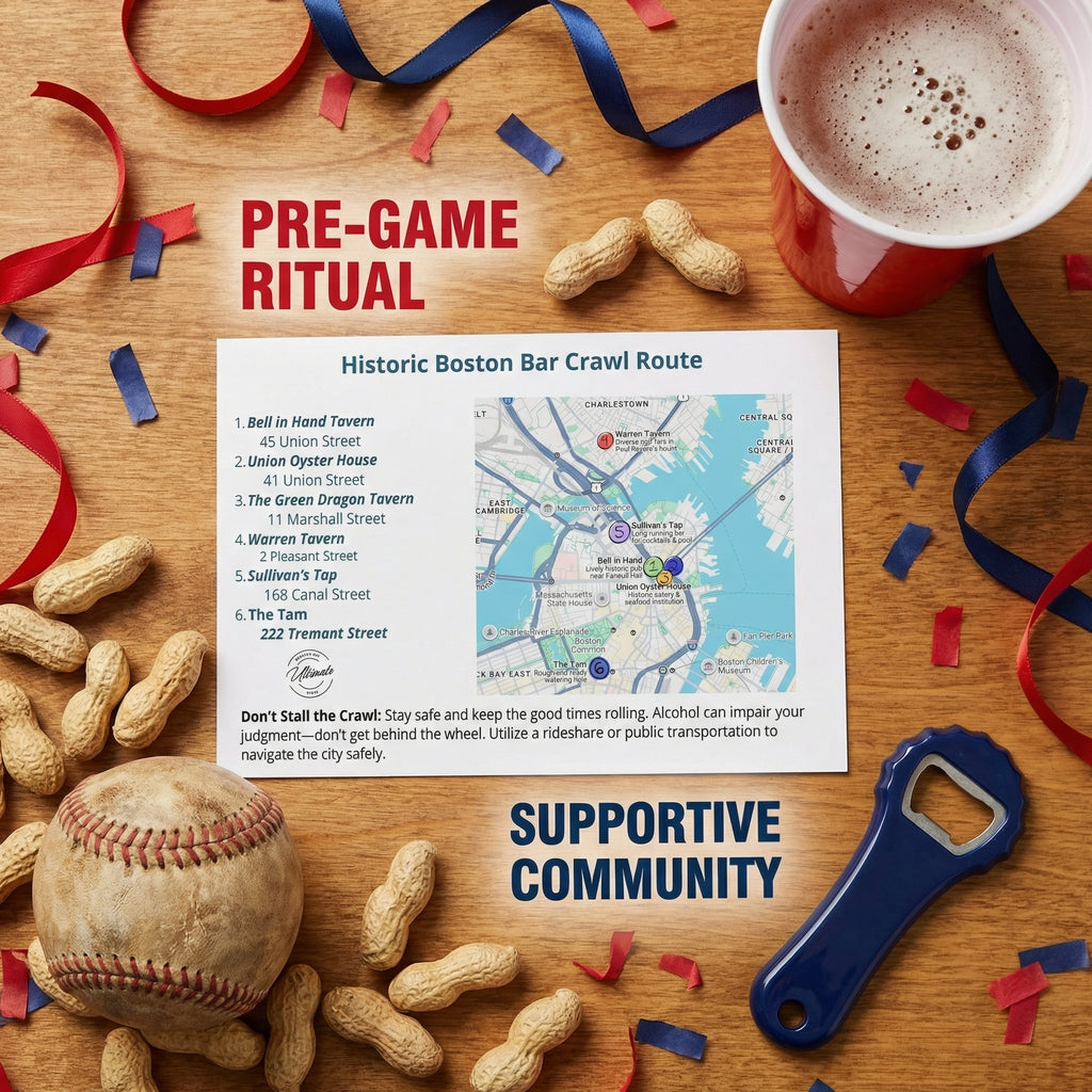 Pre-game ritual with map of Historic Boston Bar Crawl Route, peanuts, baseball, bottle opener, and hot chocolate.