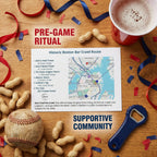 Pre-game ritual with map of Historic Boston Bar Crawl Route, peanuts, baseball, bottle opener, and hot chocolate.