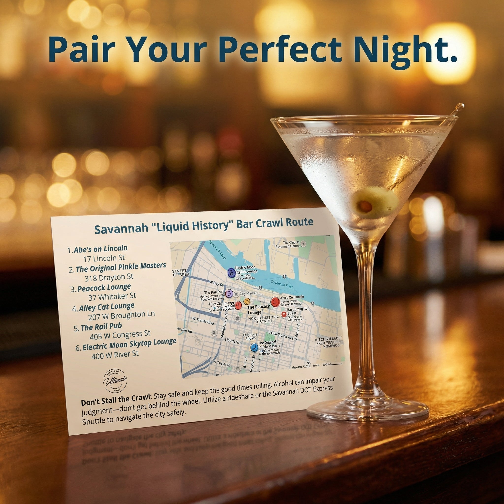 Savannah 'Liquid History' Bar Crawl Route map with a cocktail on a bar.