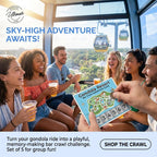Group of people enjoying a gondola ride with a card game, set against a scenic background.
