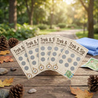 Set of 'Trek & Sip' cards on a wooden surface with a natural background