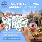 World Showcase Challenge cards held by hands with a background of food and architecture, promoting a global tasting adventure.