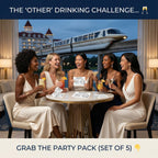 Five women sitting around a table with drinks, text about a 'drinking challenge', and a hotel in the background.