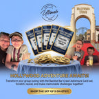 Promotional image of Backlot Bar Crawl Adventure Cards with people holding cards and a Hollywood studio background.